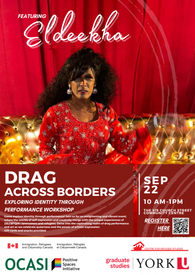 Workshop information depicting a drag artist on a red background