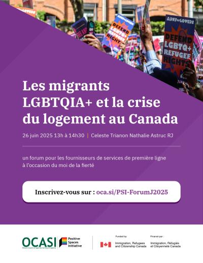purple background with text, corner image of protesters 
