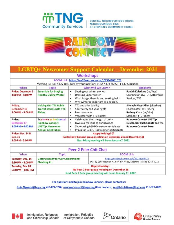 December LGBQTIA+ newcomer support group calendar