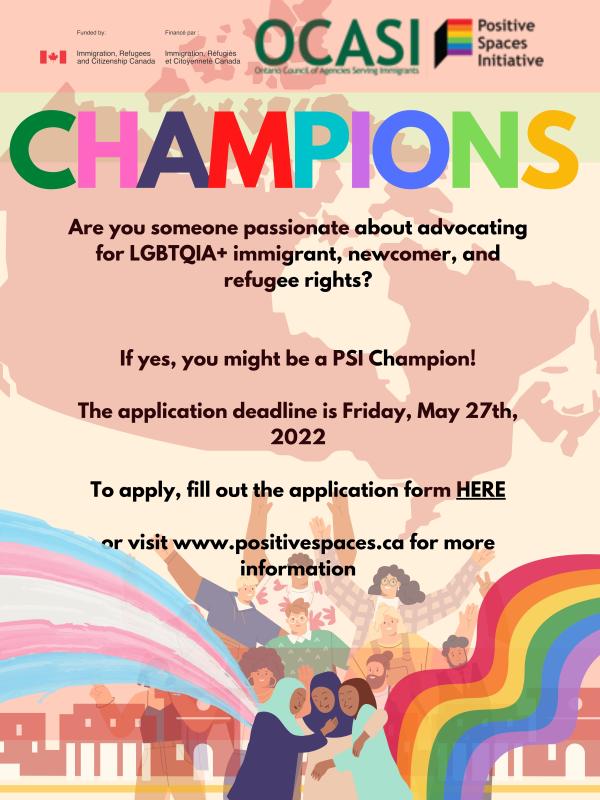 Poster detailing champion application link and dates