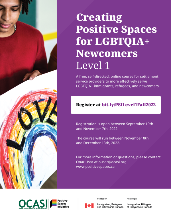 Poster for Creating Positive Spaces for LGBTQIA+ Newcomers Level 1 course announcement