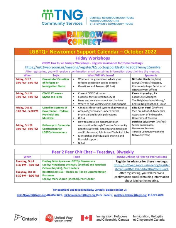 An image of the programming info for OCTOBER Rainbow Connect LGBTQ+ Support Program