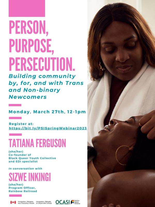 Poster depicting two Black Trans person lovingly looking at each other. The text has the webinar details
