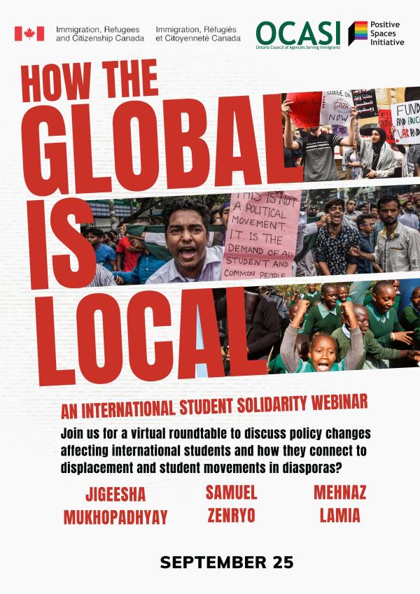 How the Global is Local written in red print beside pictures of international student protests. Event information below images. 